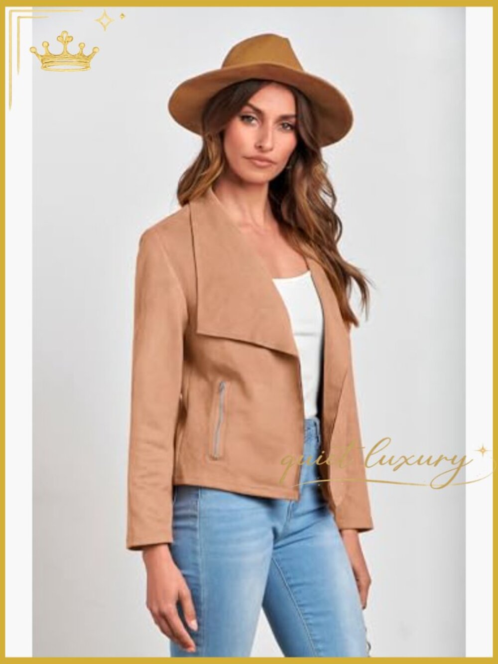 Faux Suede Cropped Jacket Long Sleeve Open Front Coat - Picture 6 of 7